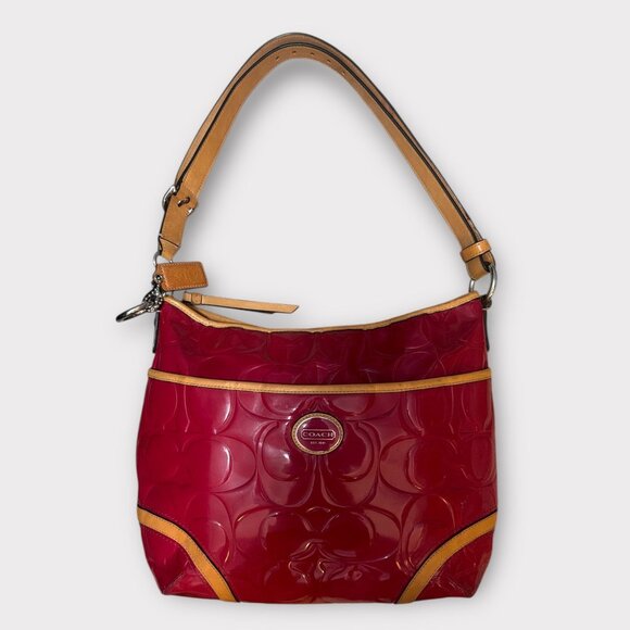 Coach Peyton Embossed C Patent Leather Hobo F20022 Pink Cerise Tan Trim Converts - Picture 3 of 9